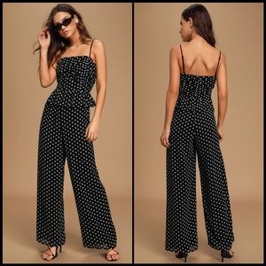 EUC Lulus Show Them Up Black Floral Embroidered Peplum Wide Leg Jumpsuit